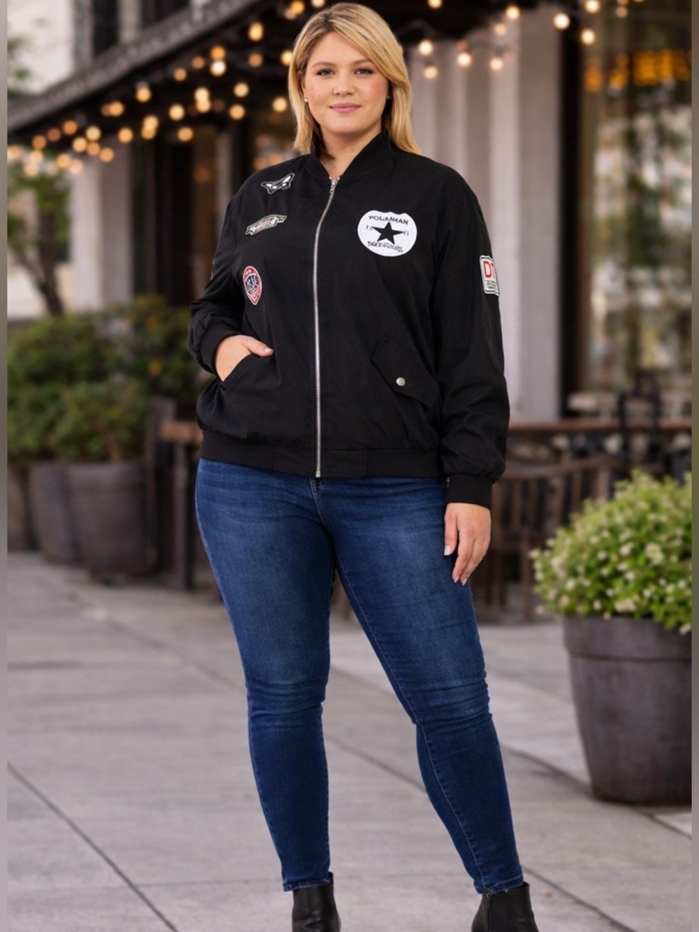 NWT ADORA Black Aviator Retro Patches Bomber Jacket Size 2X